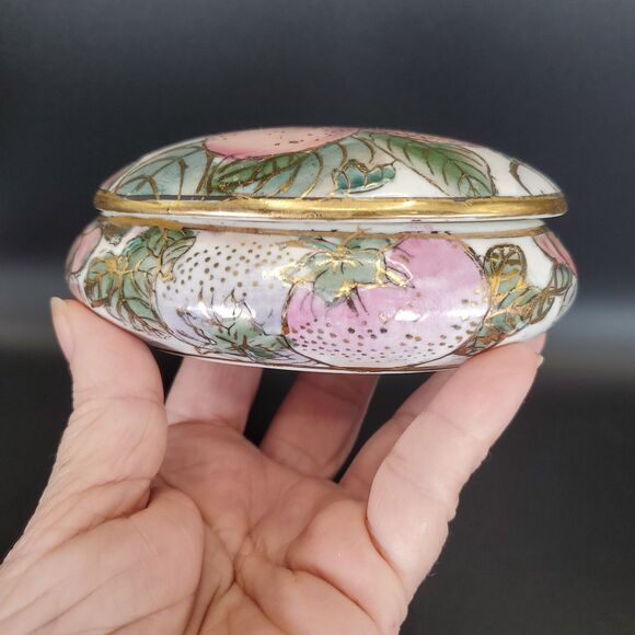 Toyo Enameled Ceramic Trinket Box 4.5" Floral Gold Gilt Japan - Picture 3 of 12